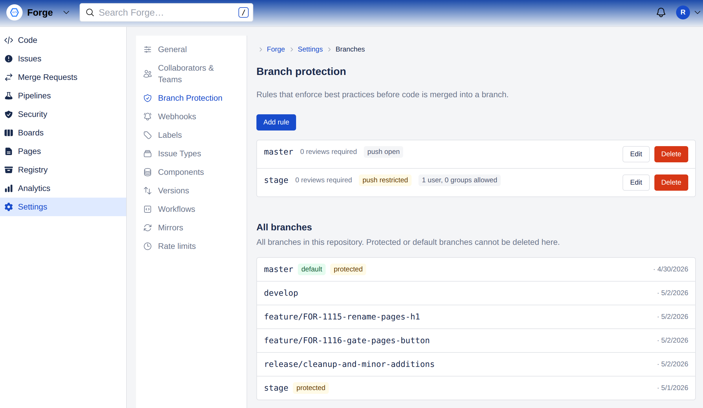 Branch protection settings
