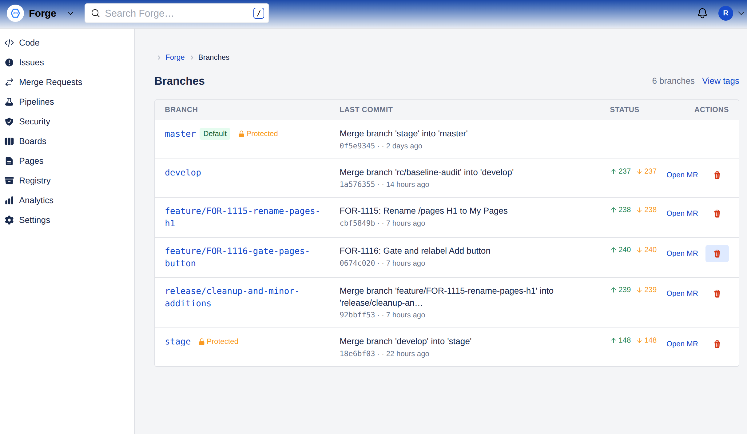 Branches list with last commit details
